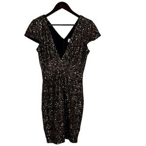Dress The Population Woman's Size Large Black Gold Sequin Deep V Neck Midi Dress